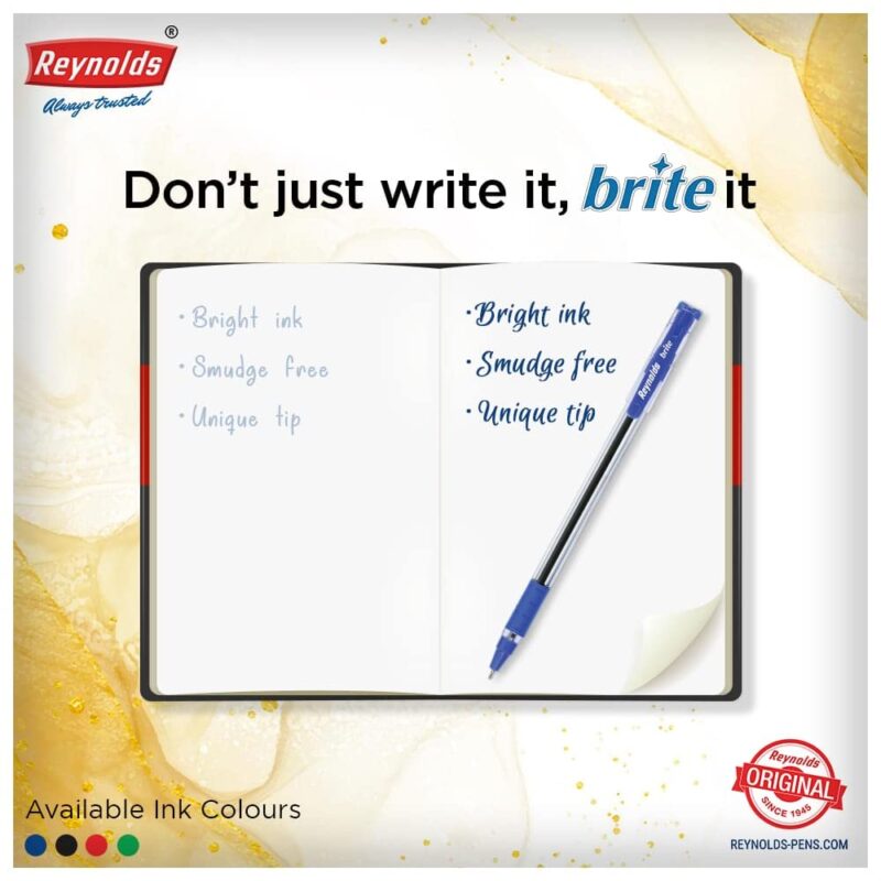 Reynolds BRITE BP 15 CT POUCH - 5 BLUE, 5 BLACK, 5 RED | Ball Point Pen Set With Comfortable Grip | Pens For Writing | School and Office Stationery | Pens For Students | 0.7mm Tip Size  Amazon.in Office Products - Image 5