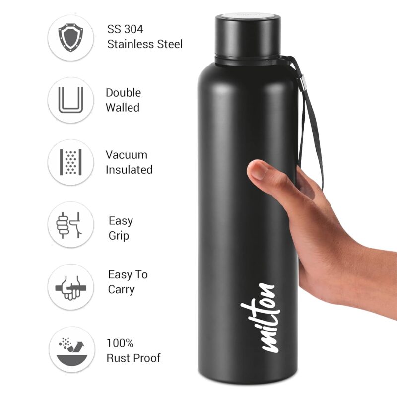 Milton Aura 1000 Thermosteel Bottle, 1050 ml Water Bottles, 24 Hours Hot and Cold, Easy to Carry, Easy Grip, Rust Proof, Tea, Coffee, Office, Travel Bottle, Black  Amazon.in Home & Kitchen - Image 4