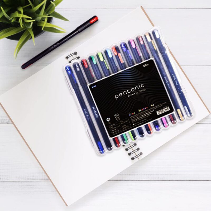 Pentonic Multicolor Gel Pen With Hard Box Case | 0.6 mm-1.0 mm | Sleek Matt Finish, Featherlite feel | Waterproof Gel Ink, Ultra- Low Viscosity Ink | Black Body, 12 Pcs Set  Amazon.in Office Products - Image 2