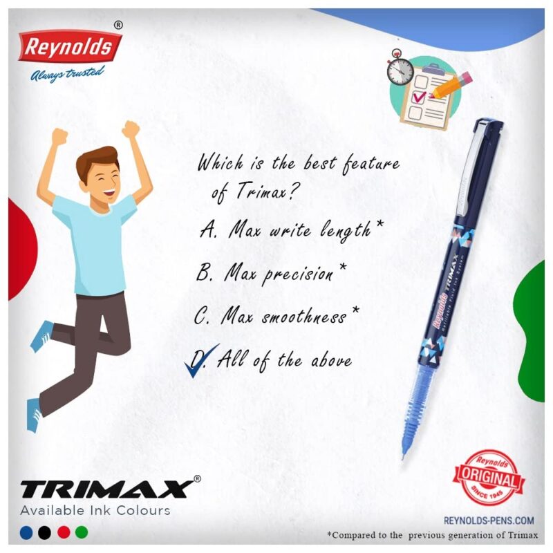 Reynolds TRIMAX RollerBall Pen SET - 5 PENS BLUE | ROLLER BALL PEN FOR WRITING | PEN FOR STUDENTS & OFFICE STATIONERY | 0.5 mm TIP SIZE  Amazon.in Office Products - Image 16