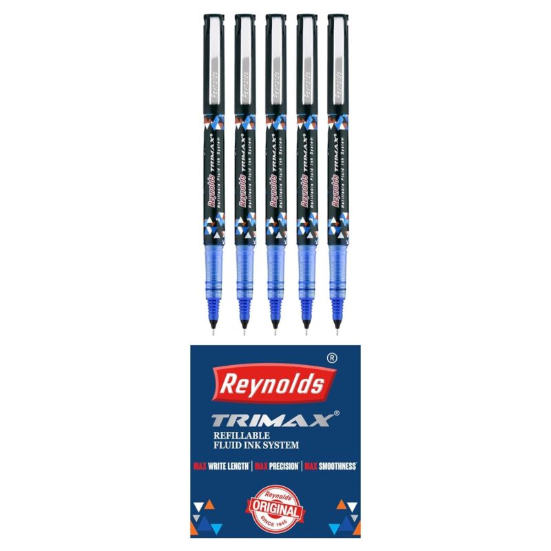 Reynolds TRIMAX RollerBall Pen SET - 5 PENS BLUE | ROLLER BALL PEN FOR WRITING | PEN FOR STUDENTS & OFFICE STATIONERY | 0.5 mm TIP SIZE  Amazon.in Office Products - Image 5