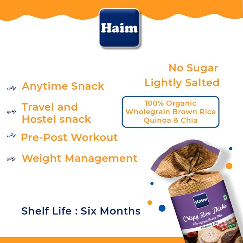 HAIM Organic Crispy Rice Thick Wholegrain Brown Rice Cake - Pack of 1 (Quinoa & Chia) - Image 4