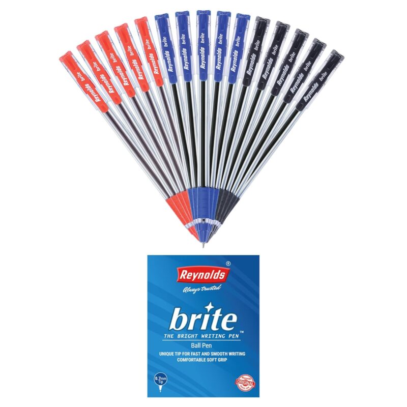Reynolds BRITE BP 15 CT POUCH - 5 BLUE, 5 BLACK, 5 RED | Ball Point Pen Set With Comfortable Grip | Pens For Writing | School and Office Stationery | Pens For Students | 0.7mm Tip Size  Amazon.in Office Products
