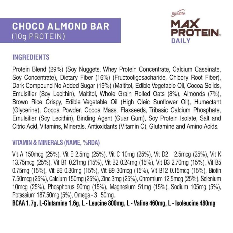 RiteBite Max Protein Daily Choco Almond 50g Protein Bar [Pack of 1] - Image 8
