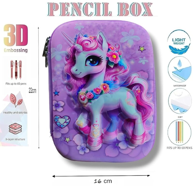 Supreme Deals® Premium 3D Embossed Unicorn Design Eva Cover Pencil Case Compartments, Pencil Pouch, Kids, Students, Stationery Box, Cosmetic Zip Pouch Bag (Multicolor)  Amazon.in Toys & Games - Image 3