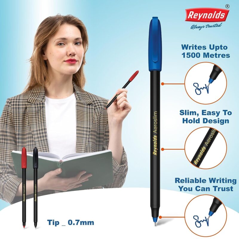 Reynolds AEROSLIM Ball Pen SET - 50 BLUE PENS WITH COMFORTABLE GRIP |BLUE BALL PENS FOR WRITING | PEN FOR STUDENTS & OFFICE STATIONERY | 0.7 mm TIP SIZE  Amazon.in Office Products - Image 6