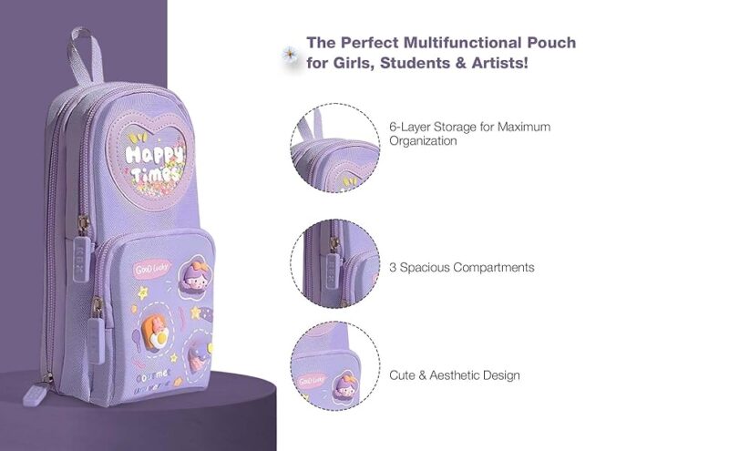 WireScorts Premium Pencil Case 6 Layer with 3 Compartment Cute Aesthetic Pencil Case for Girls Large Capacity Pencil Pouch Multifunctional Pouch for School Kids Cute Stationary Gift - Purple  Amazon.in Toys & Games - Image 5